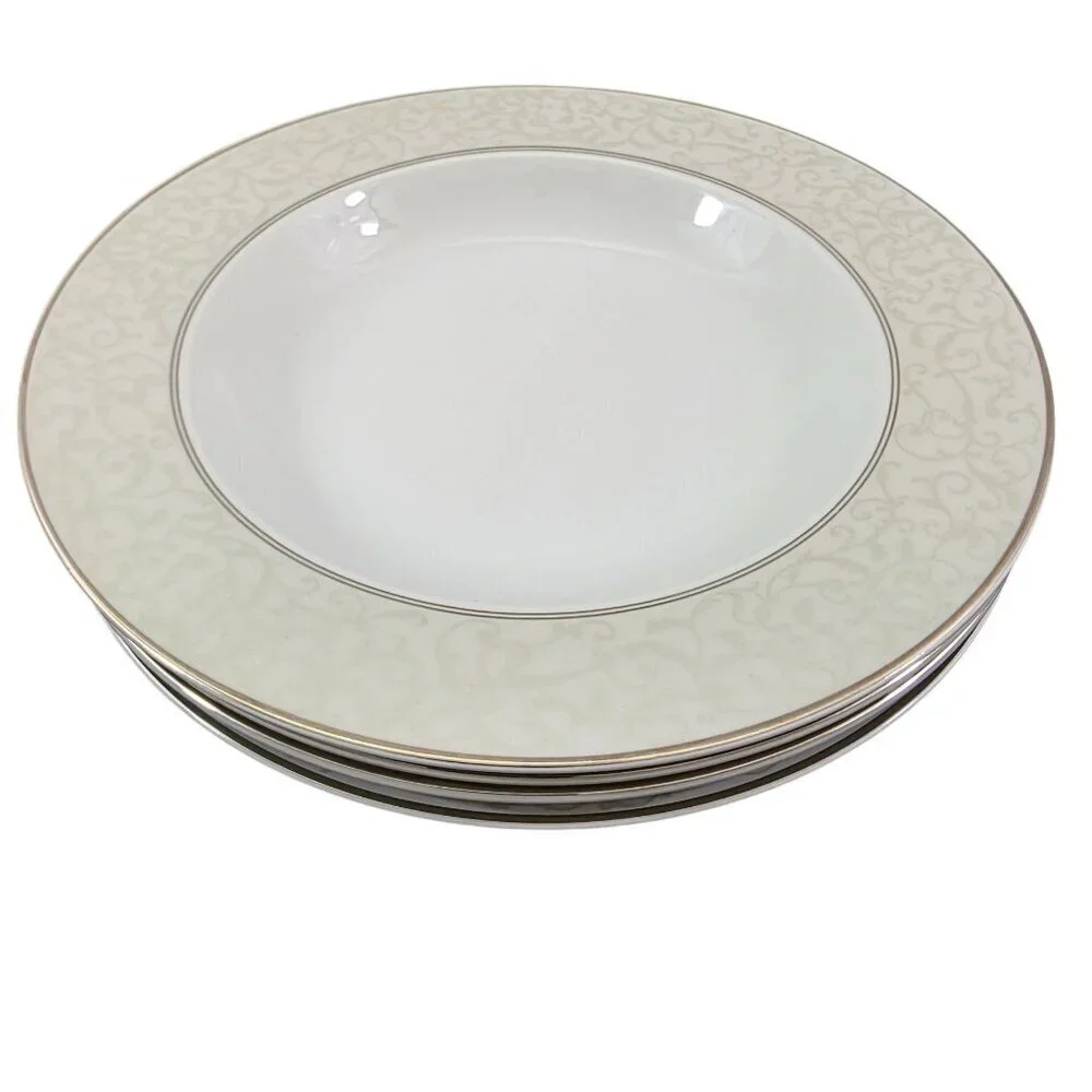 Mikasa Fine China Parchment Platinum Trim Rimmed Soup Salad Bowls – Set of 4